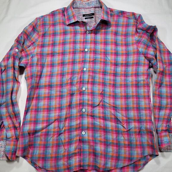 Bugatchi Men's Large Shaped Fit 100% Linen Plaid Long Sleeve Shirt‎ Flip Cuff - Picture 6 of 11
